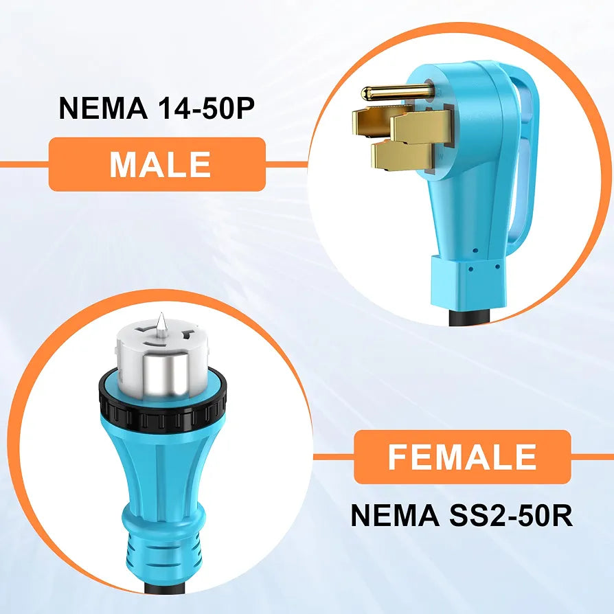 50 Amp 25 Feet Generator Cord, NEMA 14-50P Male to SS2-50R