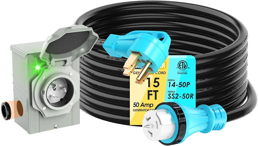 50 Amp 15Feet Generator Cord and Power Inlet Box Combo Kit
