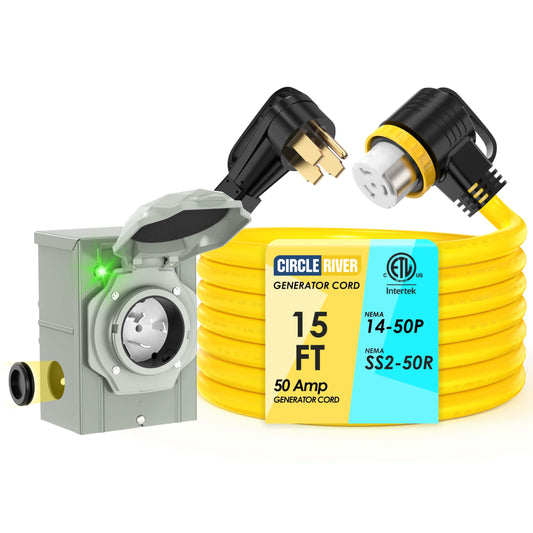 50 Amp 15Feet Generator Cord and Power Inlet Box Combo Kit | NEMA 14-50P Male to SS2-50R STW 6/3+8/1 AWG 125/250V Twist Locking with Inlet Box for Generator to House