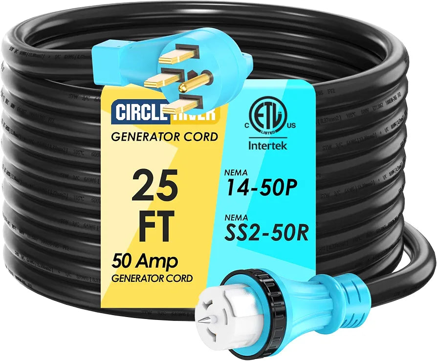 50 Amp 25 Feet Generator Cord, NEMA 14-50P Male to SS2-50R