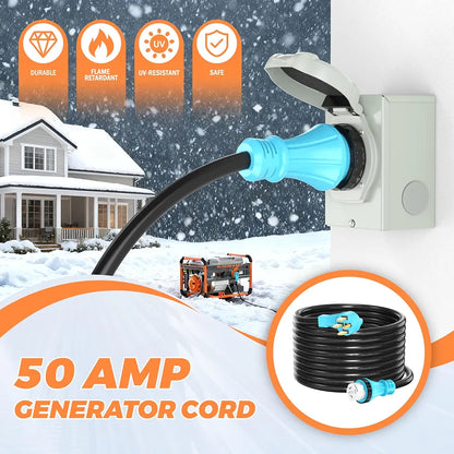 50 Amp 25 Feet Generator Cord, NEMA 14-50P Male to SS2-50R