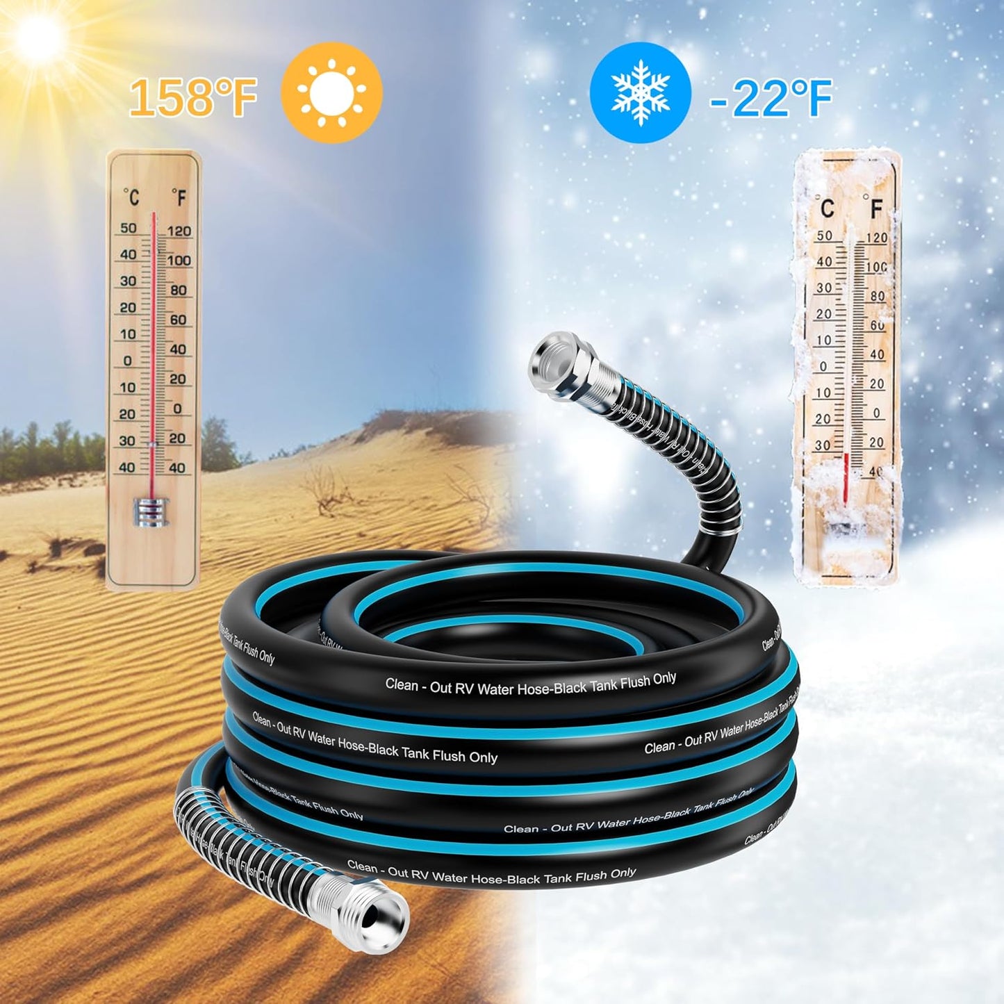 50FT RV Black Tank Flush Hose, Kink-Resistant Clean-Out Hose | 5/8" I.D. Black Water Sanitation Hose with 3/4" Threaded Connectors, Heavy Duty, for RV Sewer Tank, Camper, Outdoor Cleaning