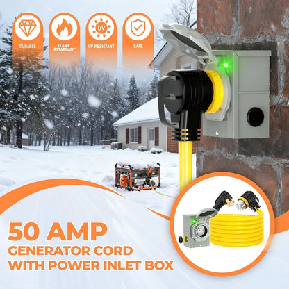 50 Amp 25FT Generator Cord and Power Inlet Box Combo Kit