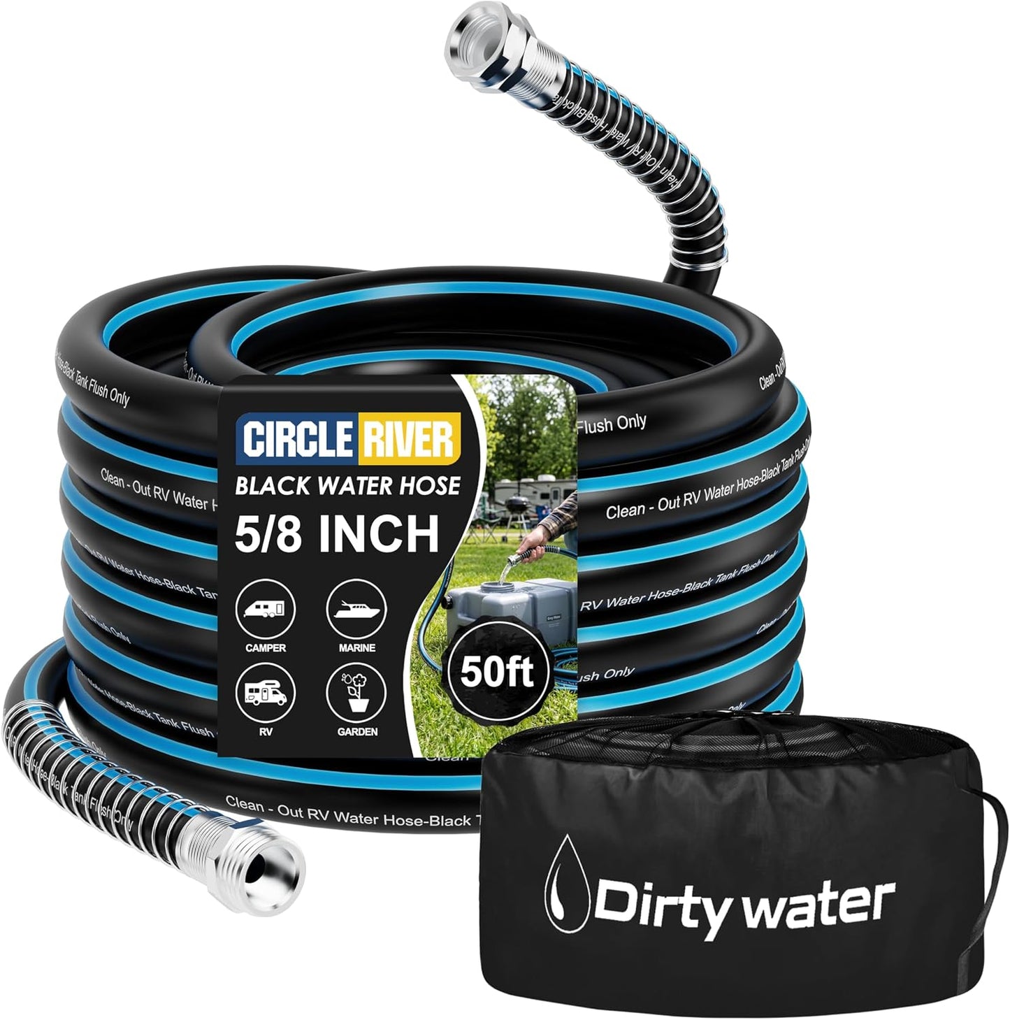 50FT RV Black Tank Flush Hose, Kink-Resistant Clean-Out Hose | 5/8" I.D. Black Water Sanitation Hose with 3/4" Threaded Connectors, Heavy Duty, for RV Sewer Tank, Camper, Outdoor Cleaning