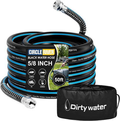 50FT RV Black Tank Flush Hose, Kink-Resistant Clean-Out Hose | 5/8" I.D. Black Water Sanitation Hose with 3/4" Threaded Connectors, Heavy Duty, for RV Sewer Tank, Camper, Outdoor Cleaning