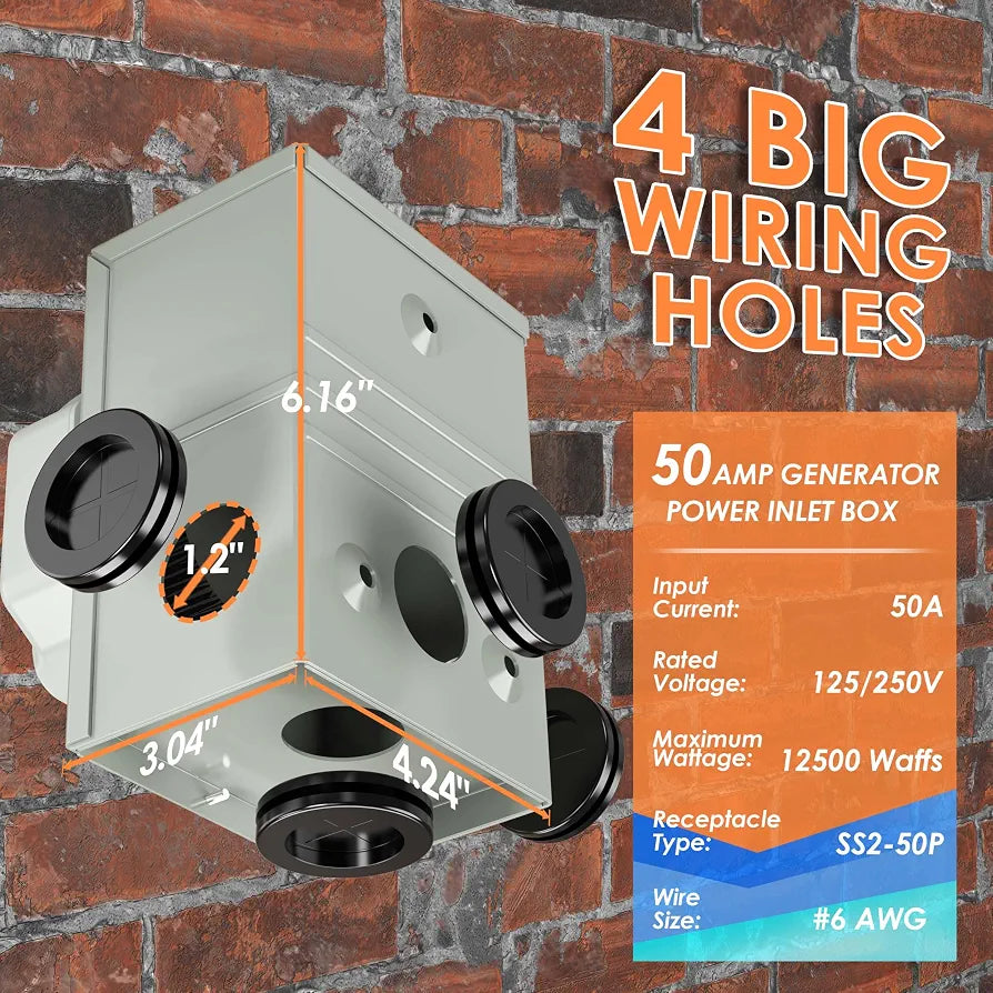 50 Amp 15Feet Generator Cord and Power Inlet Box Combo Kit