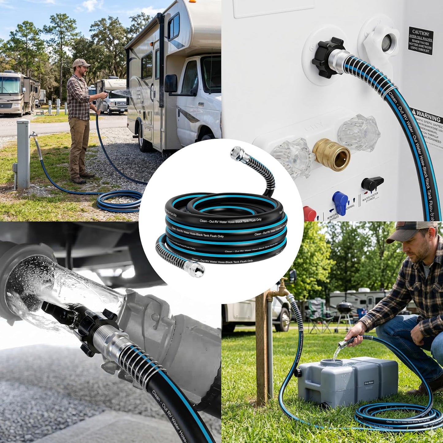 50FT RV Black Tank Flush Hose, Kink-Resistant Clean-Out Hose | 5/8" I.D. Black Water Sanitation Hose with 3/4" Threaded Connectors, Heavy Duty, for RV Sewer Tank, Camper, Outdoor Cleaning